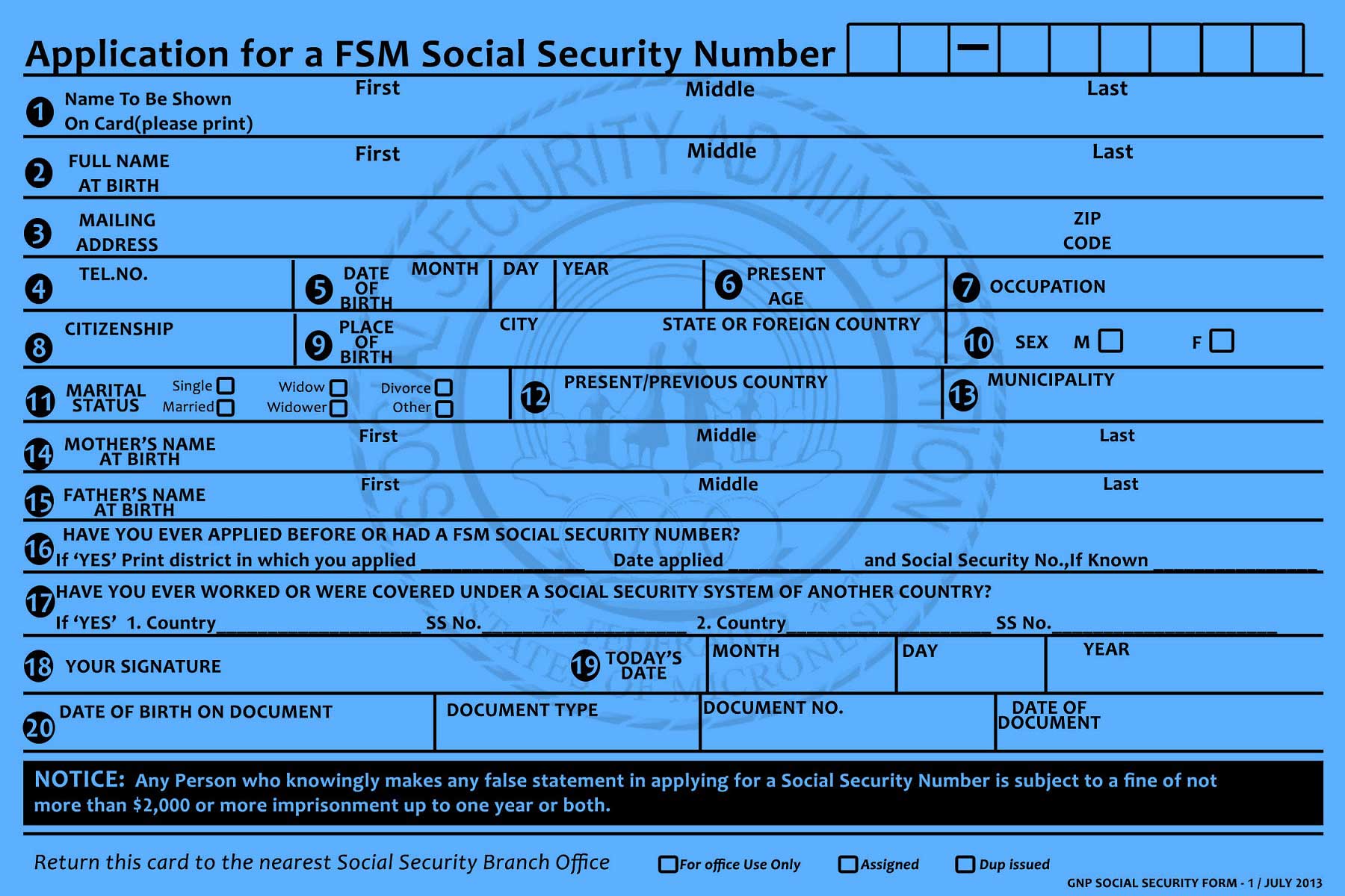 Forms FSM Social Security Administration